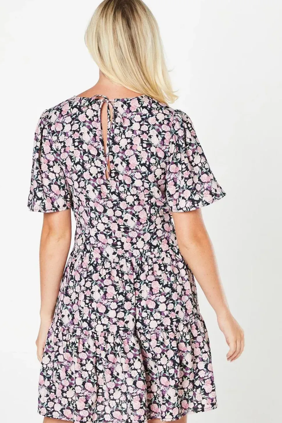 Pink Ditsy Angel Sleeve Mini Dress