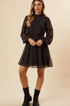 Pink Ditsy Chiffon Pleated Yoke Mini Dress
