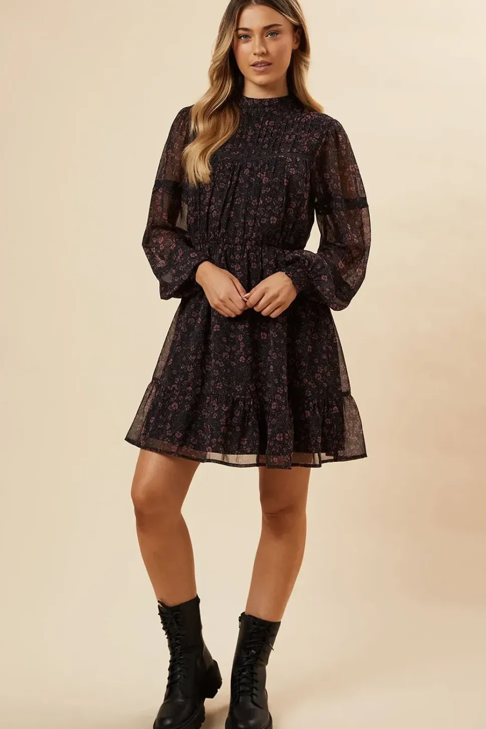 Pink Ditsy Chiffon Pleated Yoke Mini Dress