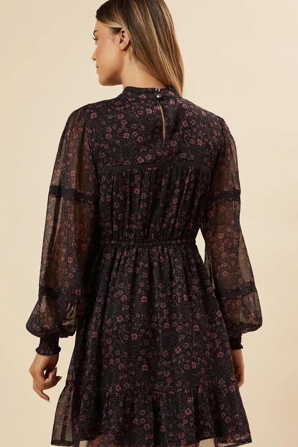 Pink Ditsy Chiffon Pleated Yoke Mini Dress