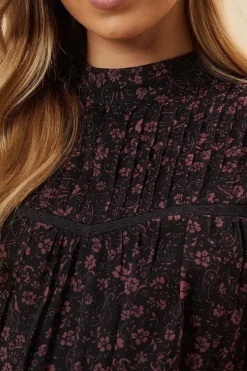 Pink Ditsy Chiffon Pleated Yoke Mini Dress