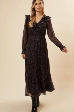 Pink Ditsy Chiffon Ruffle Midaxi Dress