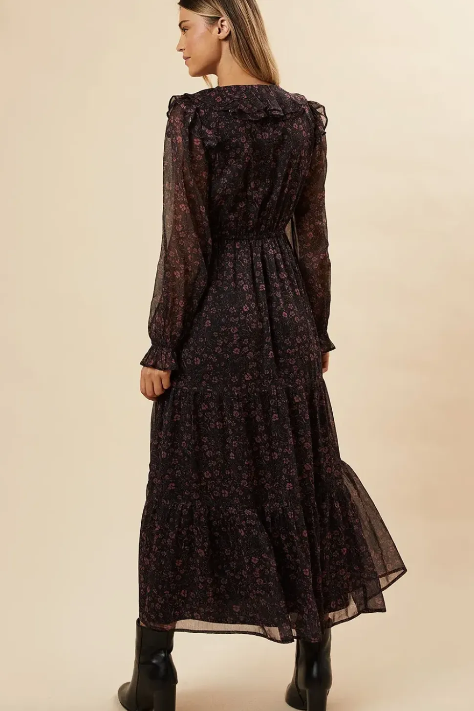 Pink Ditsy Chiffon Ruffle Midaxi Dress