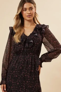 Pink Ditsy Chiffon Ruffle Midaxi Dress