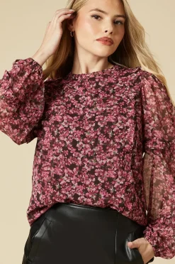 pink ditsy floral chiffon ruffle body and sleeve blouse