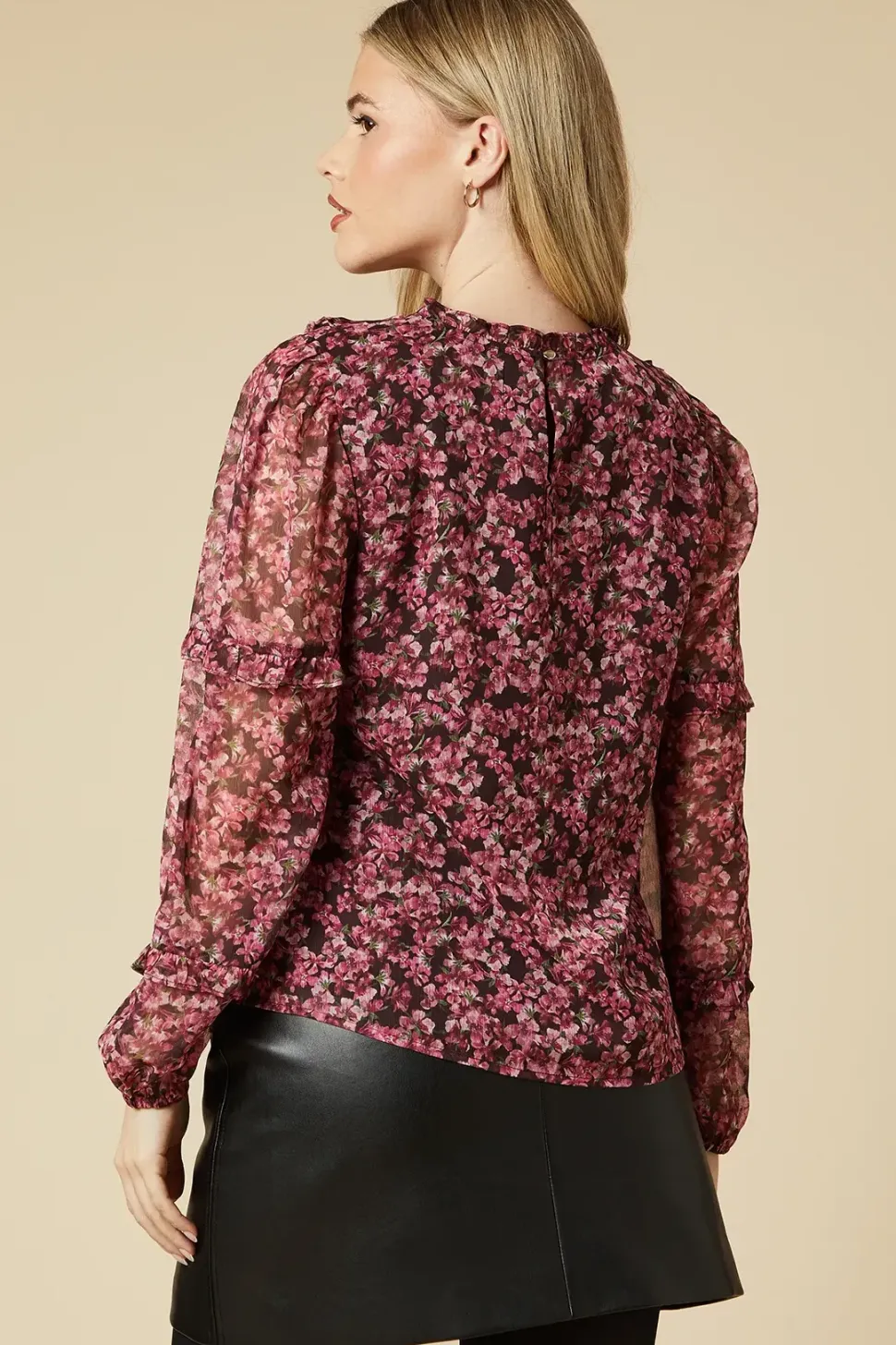 pink ditsy floral chiffon ruffle body and sleeve blouse