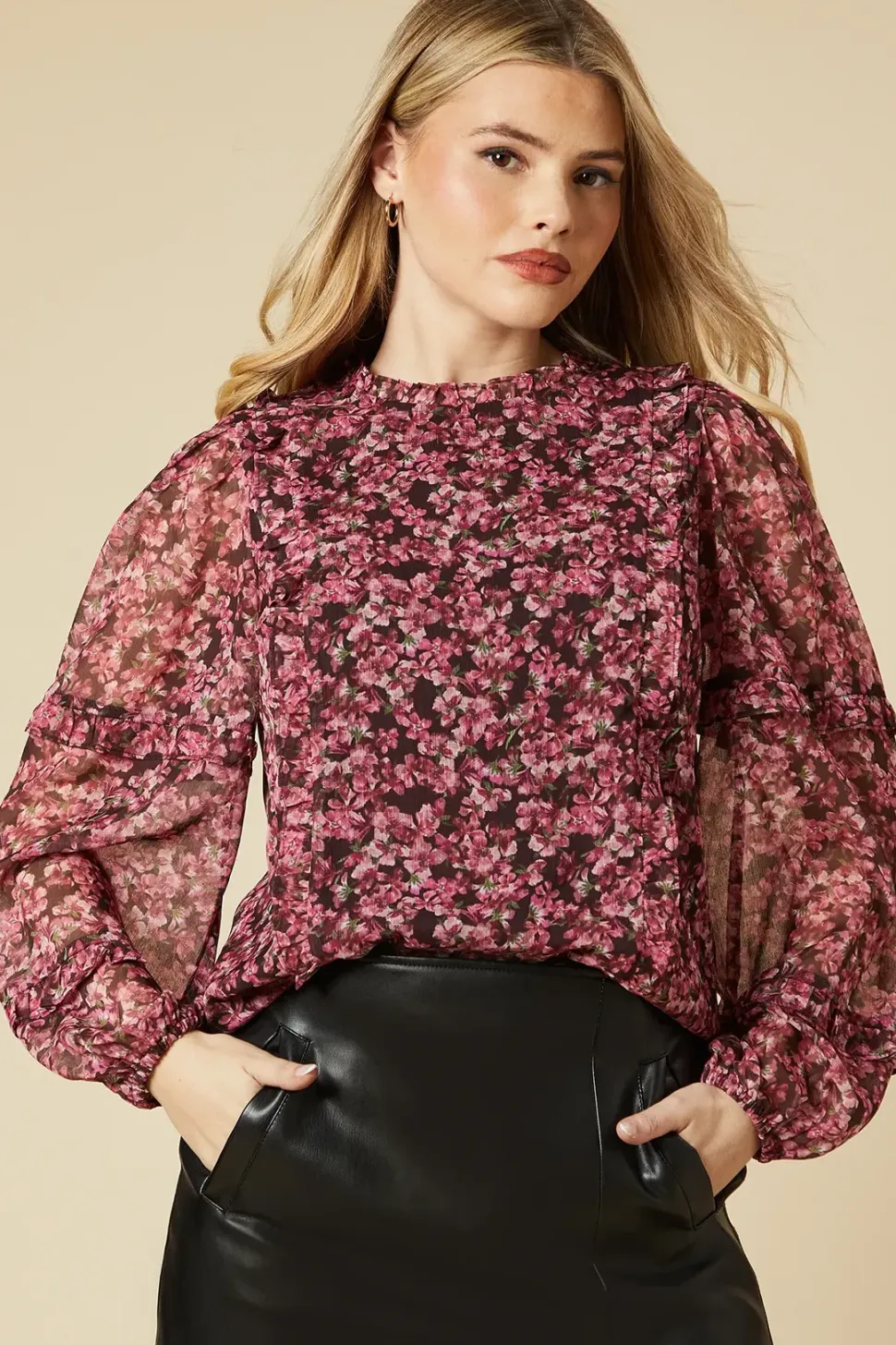 pink ditsy floral chiffon ruffle body and sleeve blouse