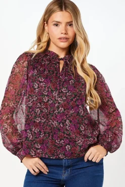 Pink Ditsy Floral Chiffon Ruffle Shoulder Overhead Blouse