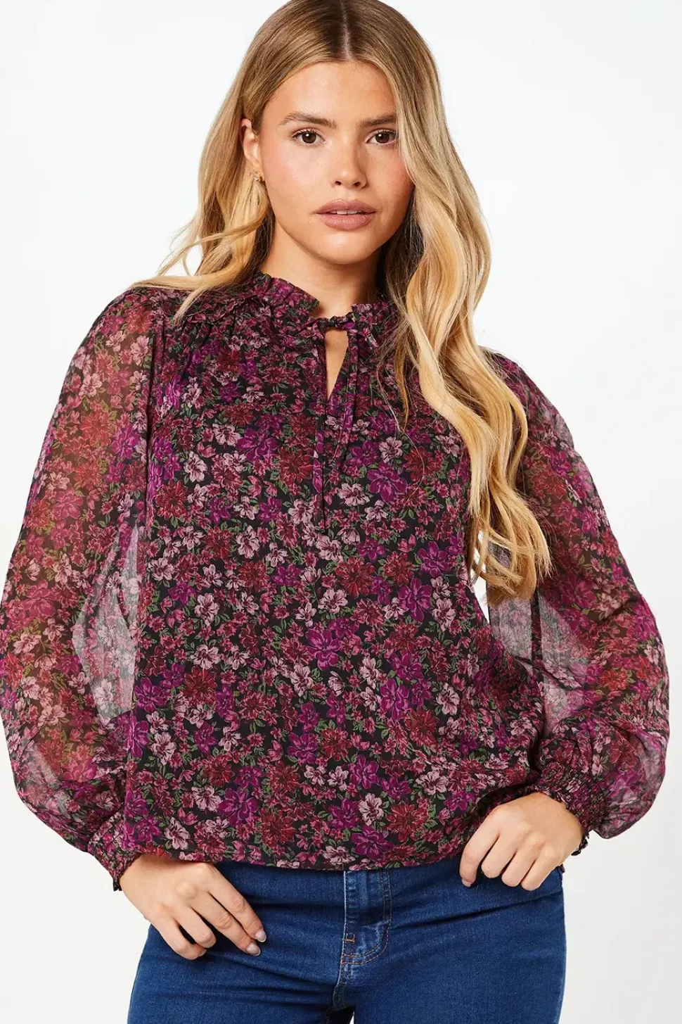 Pink Ditsy Floral Chiffon Ruffle Shoulder Overhead Blouse