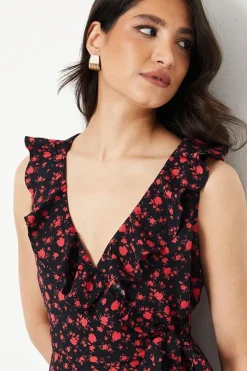 Pink Ditsy Floral Frill Neck Detail Wrap Midi Dress