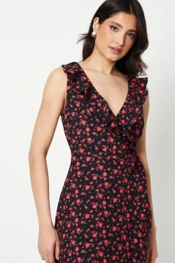 Pink Ditsy Floral Frill Neck Detail Wrap Midi Dress