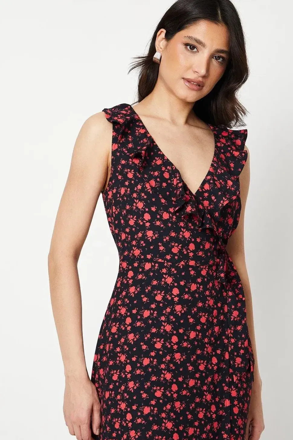 Pink Ditsy Floral Frill Neck Detail Wrap Midi Dress