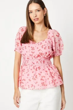 Pink Ditsy Frill Neck Puff Sleeve Peplum Blouse