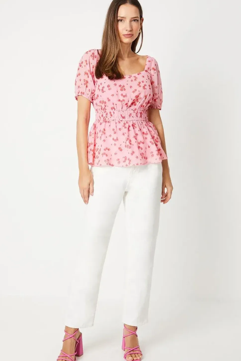 Pink Ditsy Frill Neck Puff Sleeve Peplum Blouse