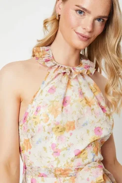 Pink Ditsy Organza Frill Halter Neck Mini Dress