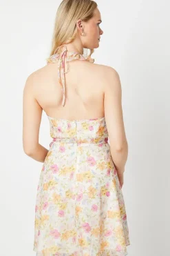 Pink Ditsy Organza Frill Halter Neck Mini Dress