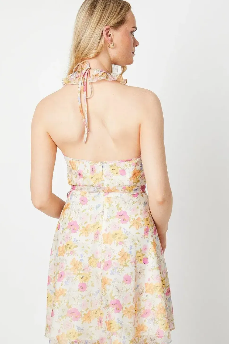 Pink Ditsy Organza Frill Halter Neck Mini Dress