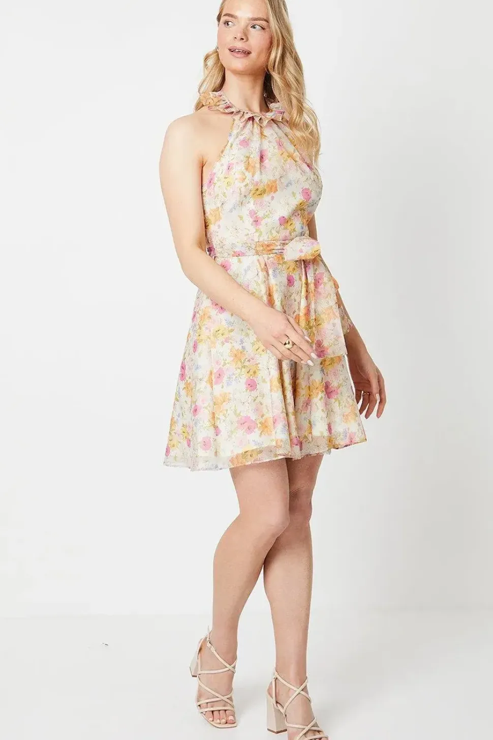 Pink Ditsy Organza Frill Halter Neck Mini Dress