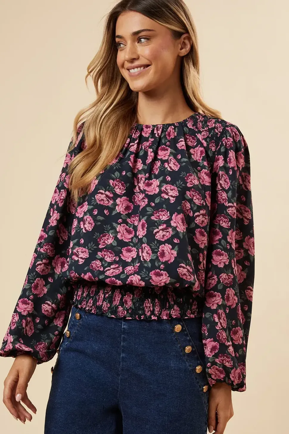 Pink Ditsy Rose Shoulder Detail Shirred Hem Blouse