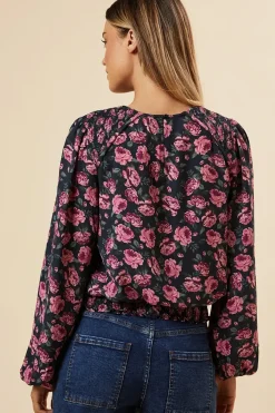 Pink Ditsy Rose Shoulder Detail Shirred Hem Blouse