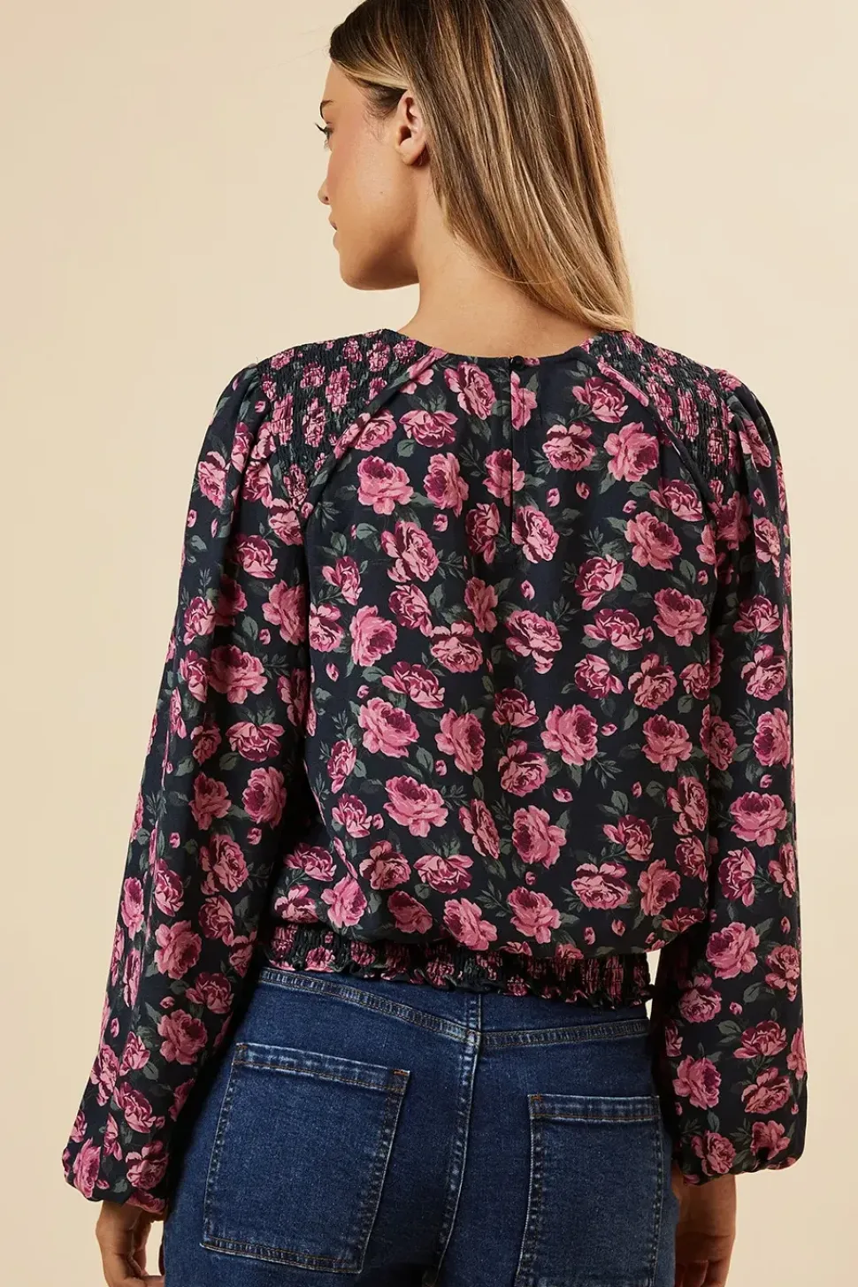 Pink Ditsy Rose Shoulder Detail Shirred Hem Blouse