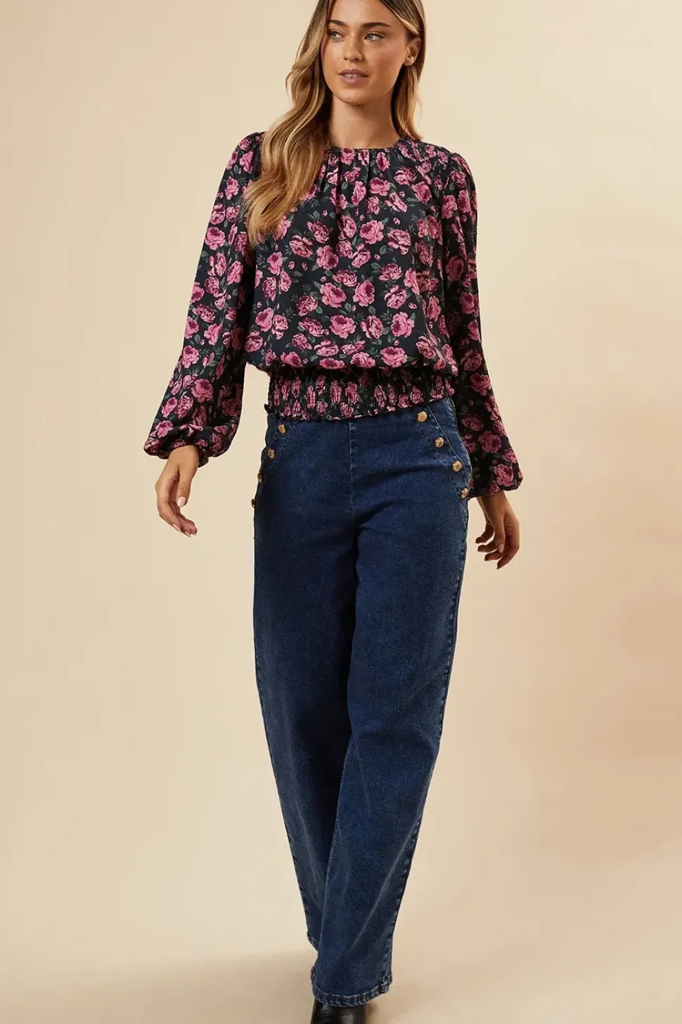 Pink Ditsy Rose Shoulder Detail Shirred Hem Blouse