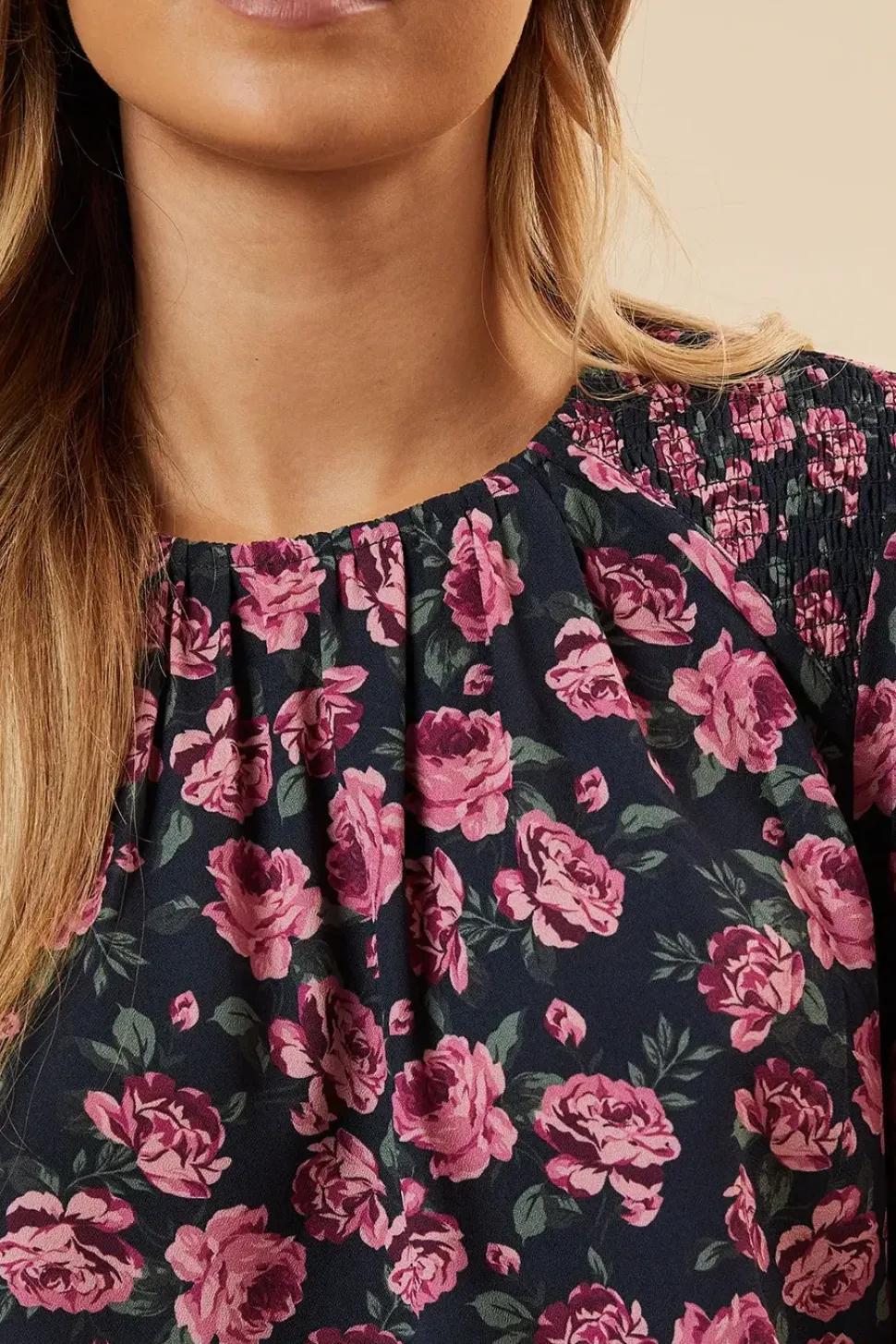 Pink Ditsy Rose Shoulder Detail Shirred Hem Blouse