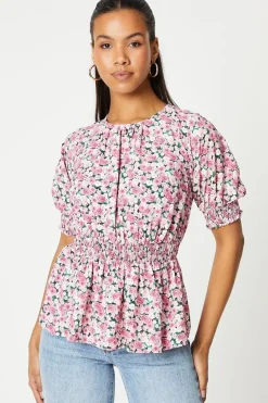 Pink Ditsy Shirred Waist Blouse