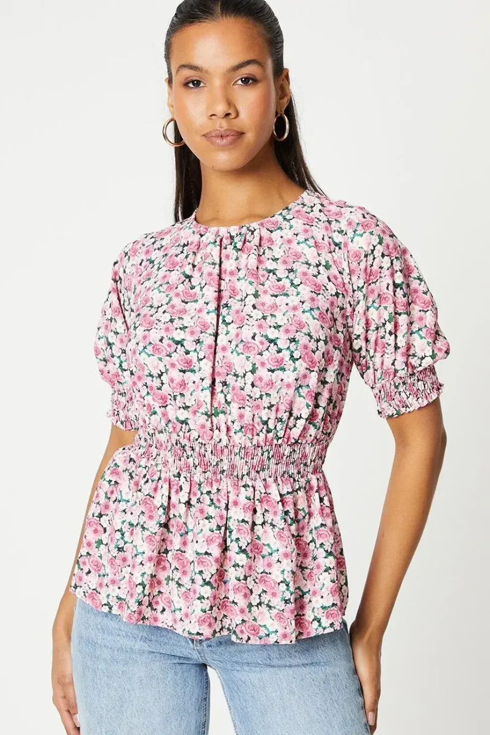Pink Ditsy Shirred Waist Blouse