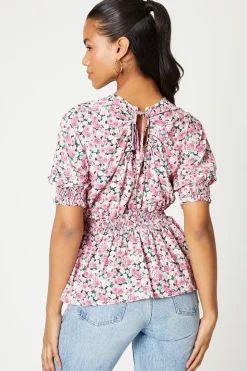Pink Ditsy Shirred Waist Blouse