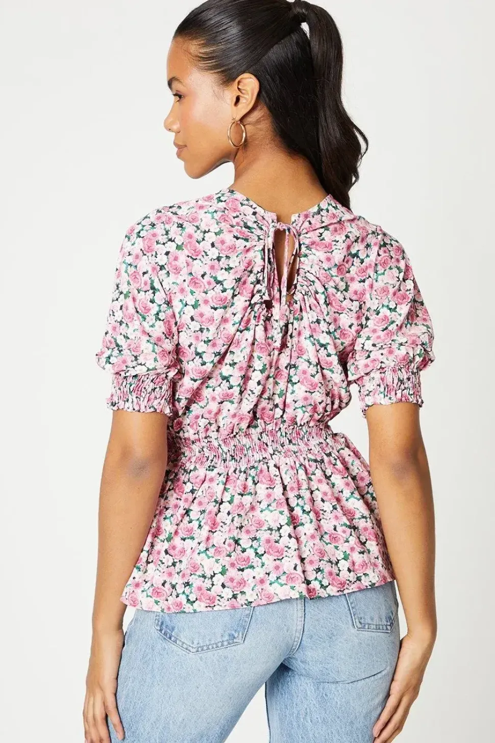 Pink Ditsy Shirred Waist Blouse