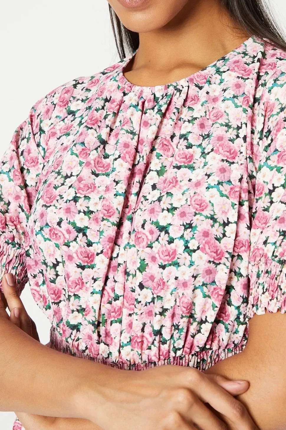 Pink Ditsy Shirred Waist Blouse