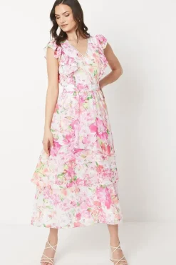 Pink Floral Asymmetric Chiffon Ruffle Midi Dress