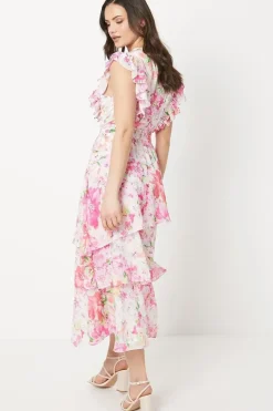Pink Floral Asymmetric Chiffon Ruffle Midi Dress