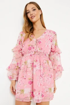 Pink Floral Chiffon Frill Mini Dress