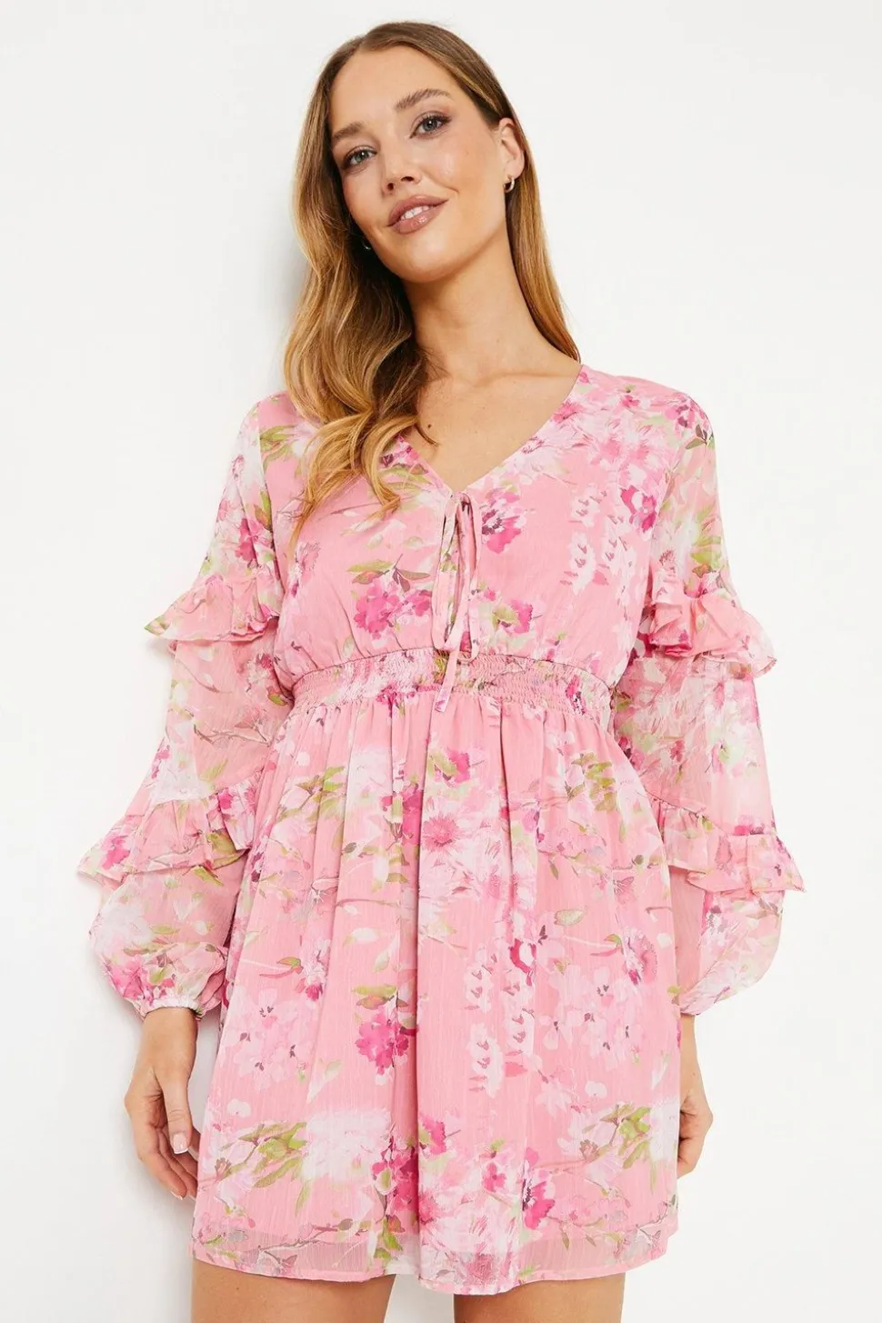 Pink Floral Chiffon Frill Mini Dress
