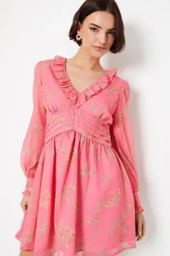 Pink Floral Chiffon Frill Neckline Waisted Mini Dress