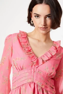 Pink Floral Chiffon Frill Neckline Waisted Mini Dress