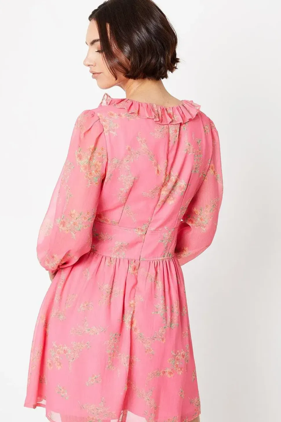 Pink Floral Chiffon Frill Neckline Waisted Mini Dress