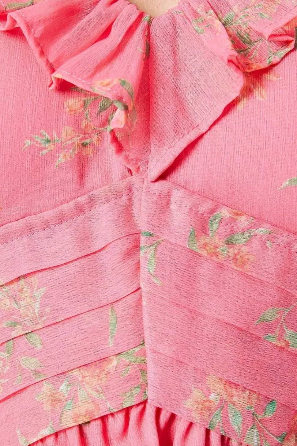 Pink Floral Chiffon Frill Neckline Waisted Mini Dress