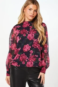 Pink Floral Chiffon High Neck Long Sleeve Blouse