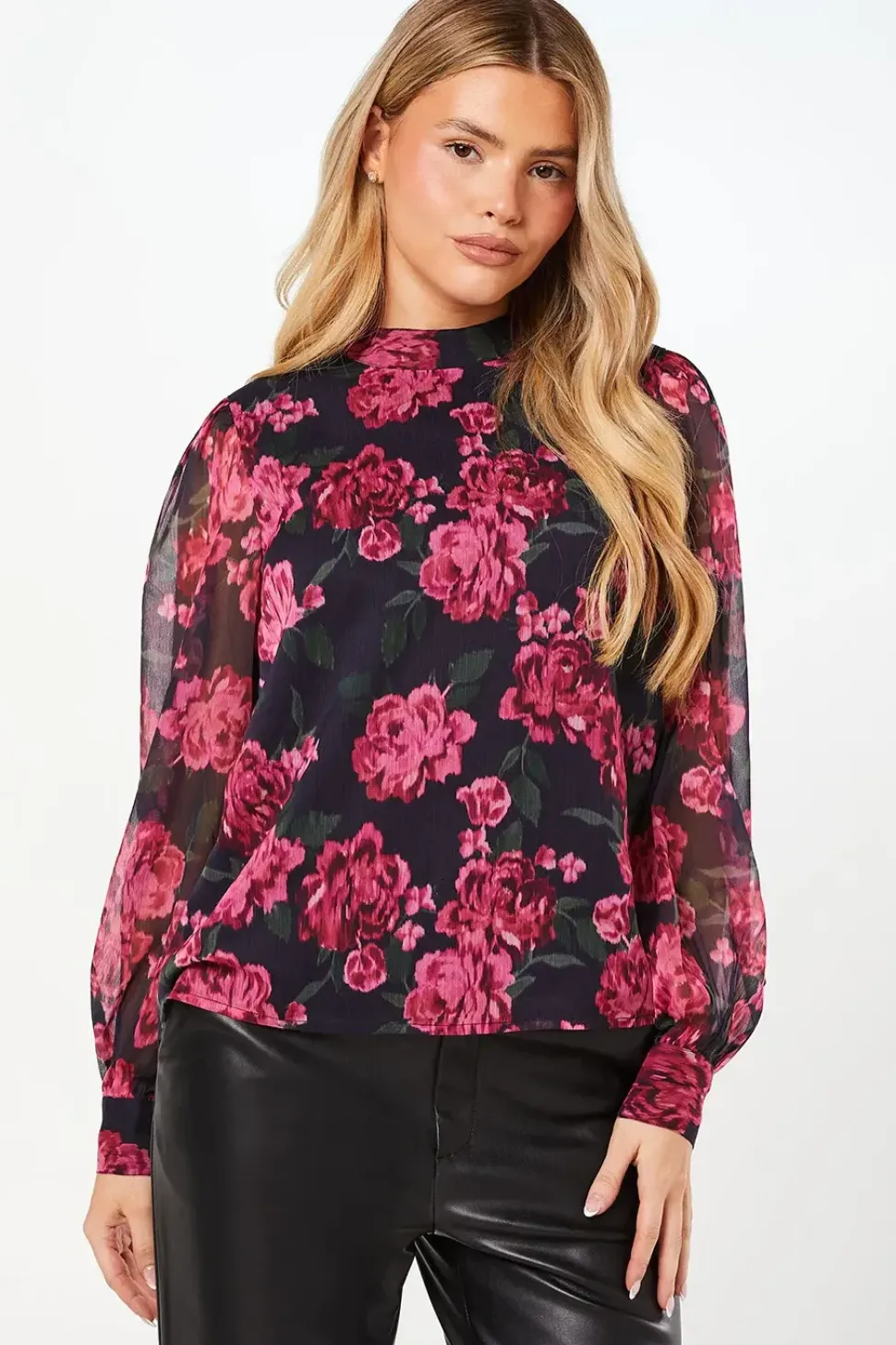 Pink Floral Chiffon High Neck Long Sleeve Blouse
