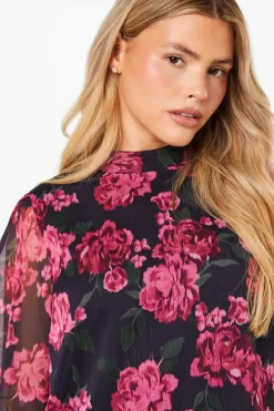Pink Floral Chiffon High Neck Long Sleeve Blouse
