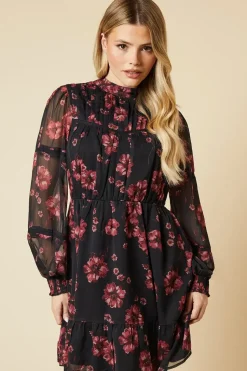 Pink Floral Chiffon Pleated Yoke Mini Dress