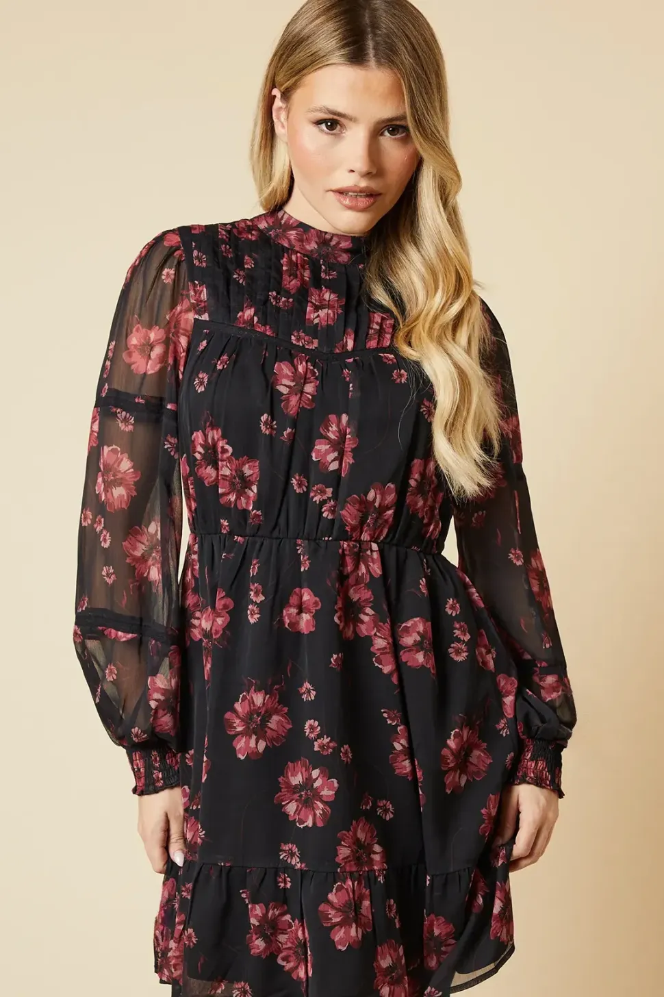 Pink Floral Chiffon Pleated Yoke Mini Dress