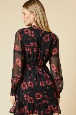 Pink Floral Chiffon Pleated Yoke Mini Dress