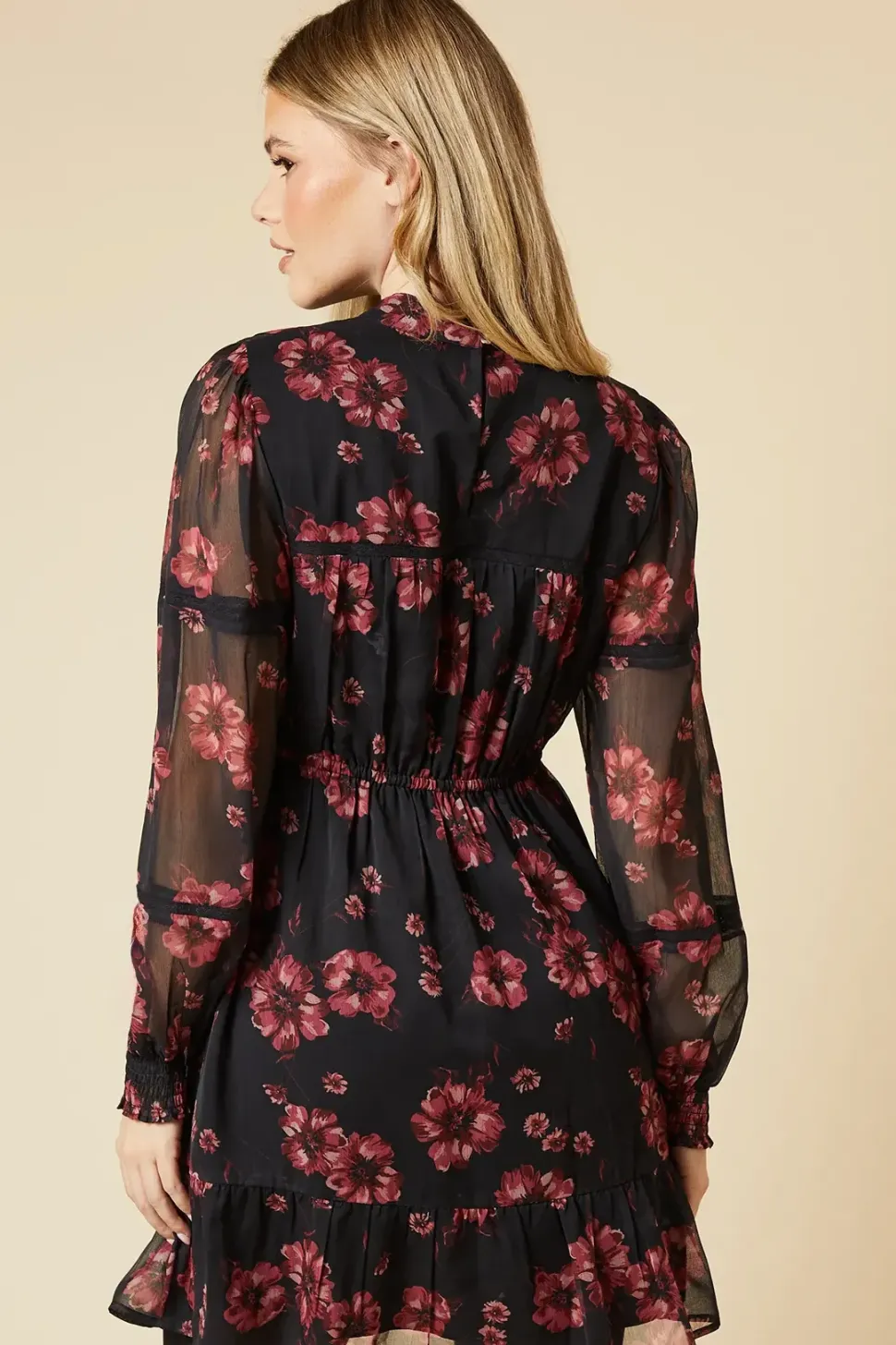 Pink Floral Chiffon Pleated Yoke Mini Dress