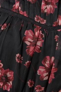 Pink Floral Chiffon Pleated Yoke Mini Dress