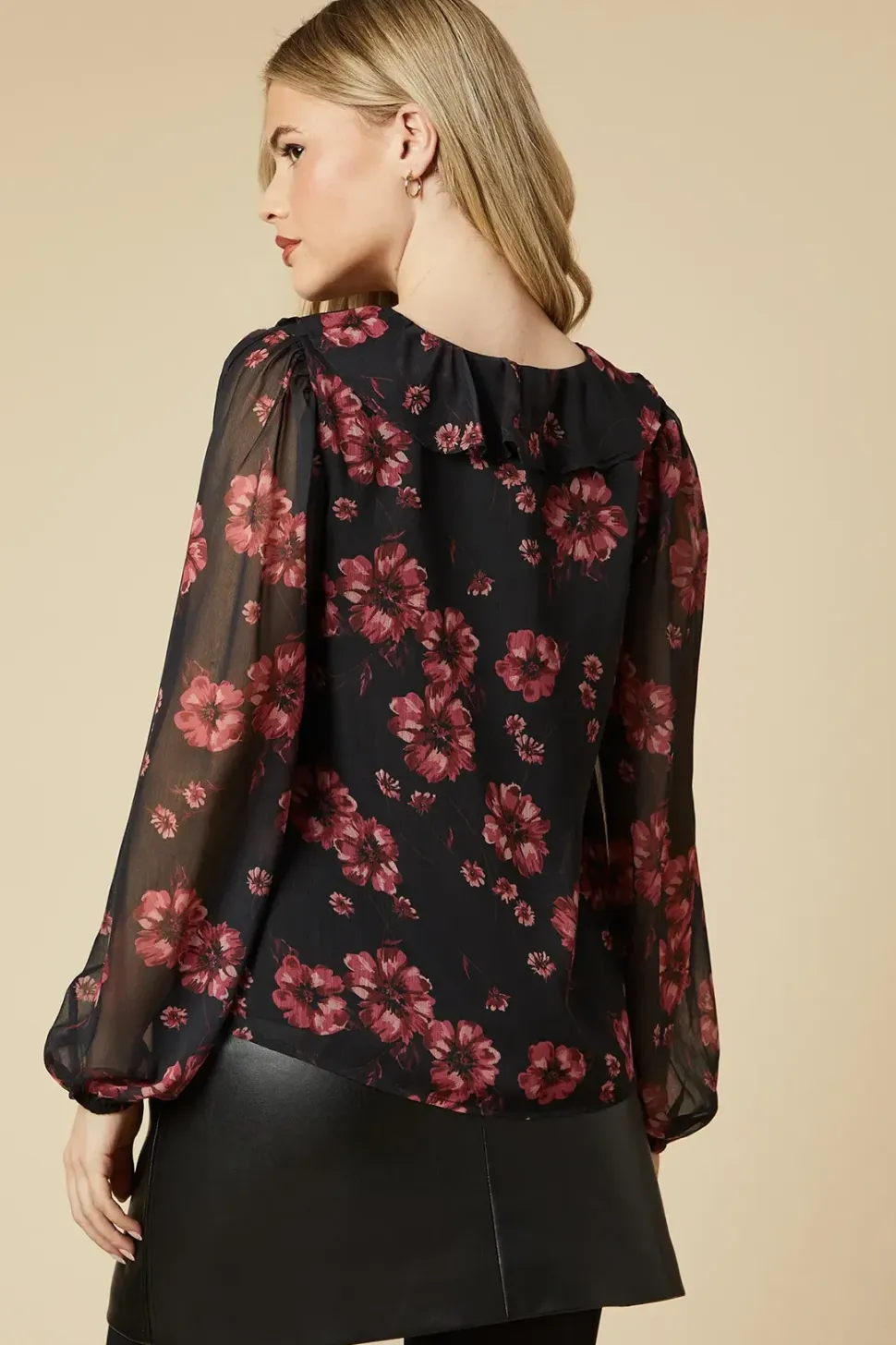 Pink Floral Chiffon Ruffle Front Long Sleeve Blouse