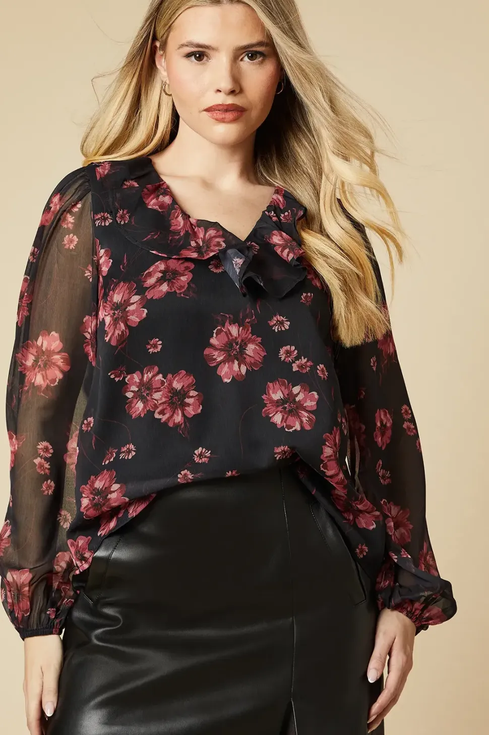 Pink Floral Chiffon Ruffle Front Long Sleeve Blouse
